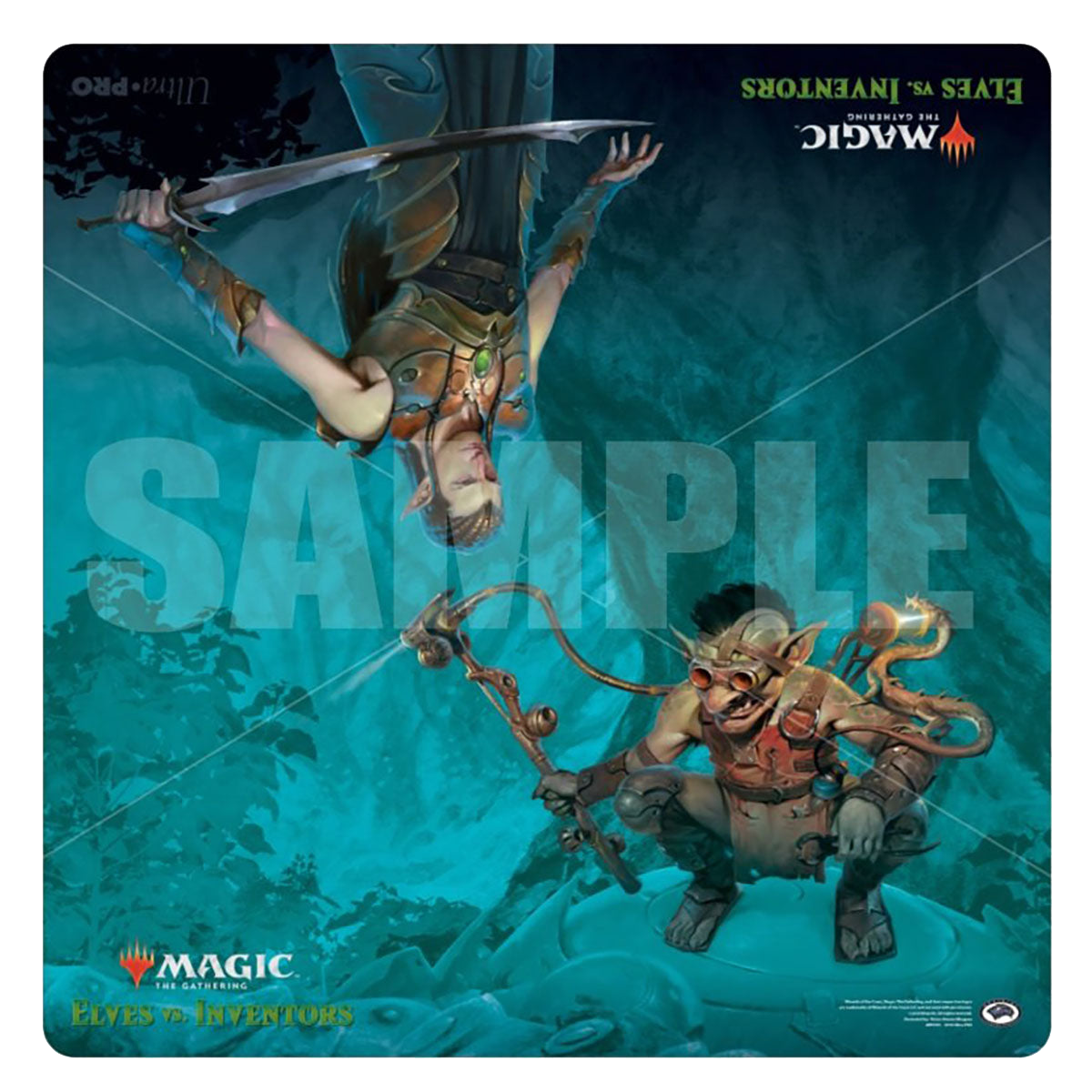 A blue and green Elves vs. Inventors 24" x 24" Gaming Playmat. Brand: Ultra PRO, Item: Elves vs. Inventors Playmat