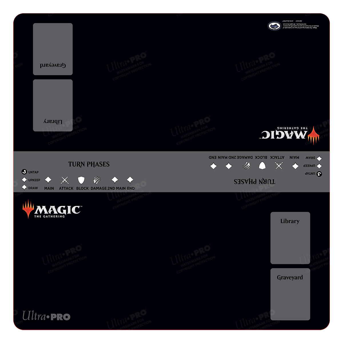 A black 2-Player 24" x 24" Magic: The Gathering Battlefield Gaming Playmat. Brand: Ultra PRO, Item: 2-Player 24" x 24" Battlefield Gaming Playmat for Magic: The Gathering.