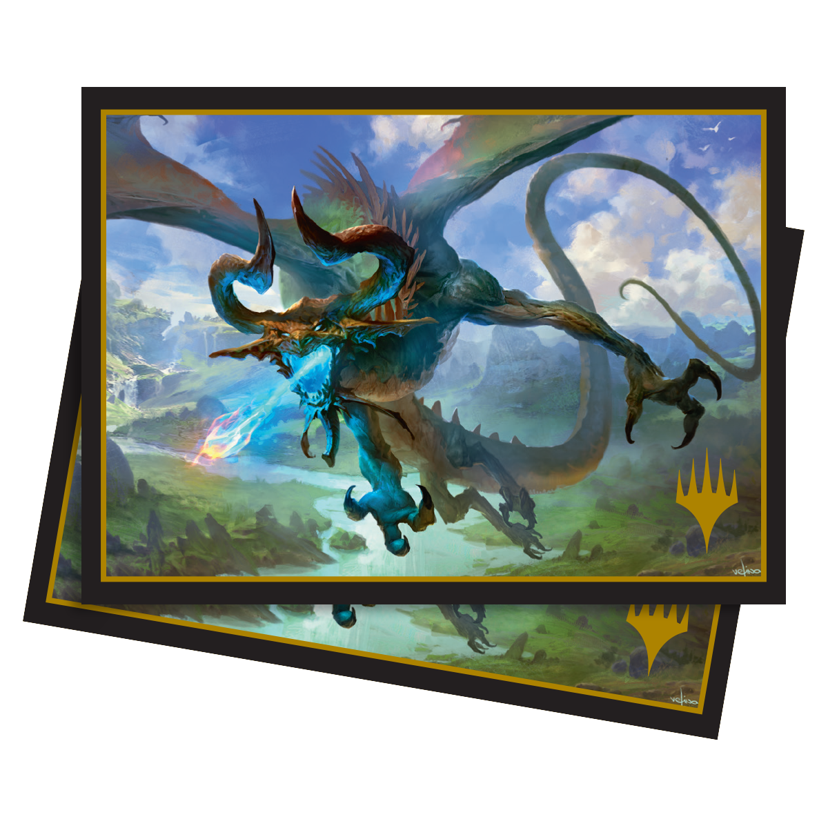 A blue and orange dragon breathing fire, Ultra PRO Elder Dragons: Nicol Bolas, the Ravager Standard DECK PROTECTOR® Sleeves.