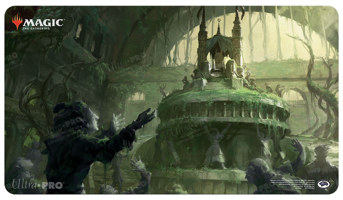A green and gray overgrown tomb standard gaming playmat for Magic: The Gathering. Brand: Ultra PRO, Item: Guilds of Ravnica Overgrown Tomb Standard Gaming Playmat.