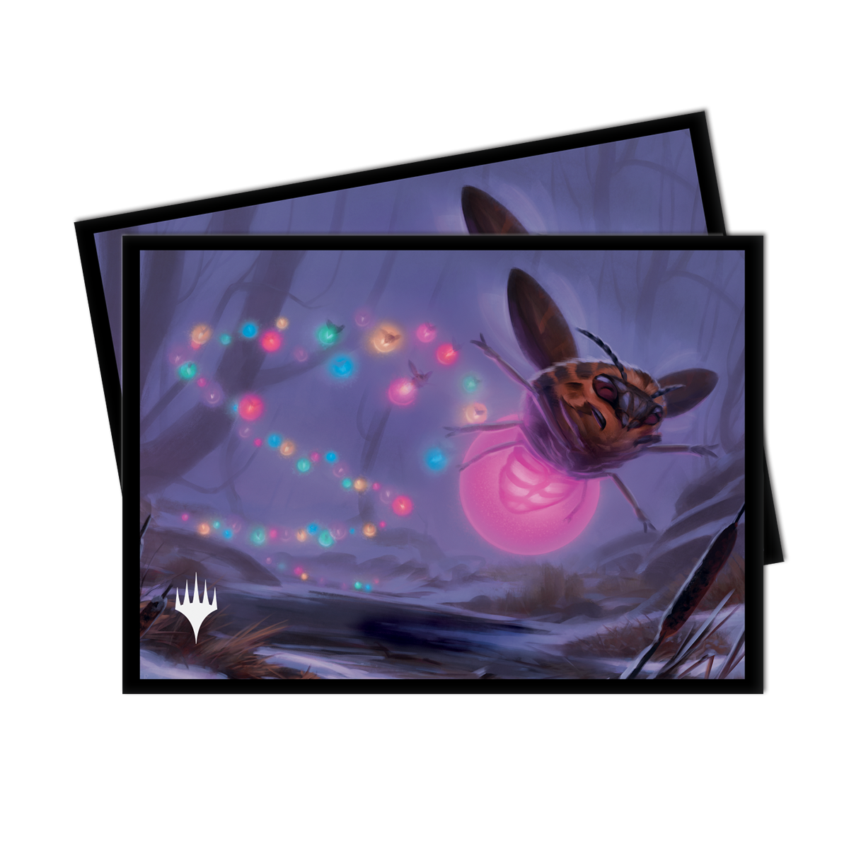 A Magic: The Gathering Bog Humbugs Holiday Standard DECK PROTECTOR® Sleeves (100ct) by Ultra PRO. Features a whimsical illustration of fireflies with colorful lights in a snowy forest.