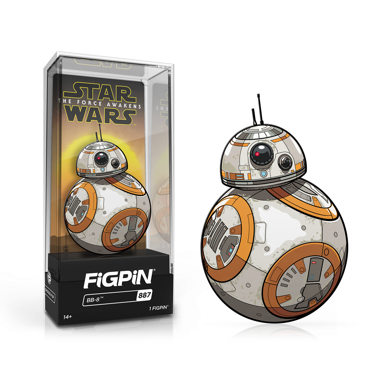 A white and orange FiGPiN collectible of BB-8 from Star Wars. Brand: FiGPiN, Item: Star Wars BB-8