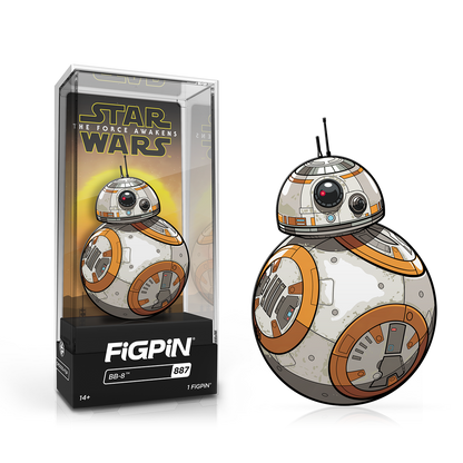 A white and orange FiGPiN collectible of BB-8 from Star Wars. Brand: FiGPiN, Item: Star Wars BB-8