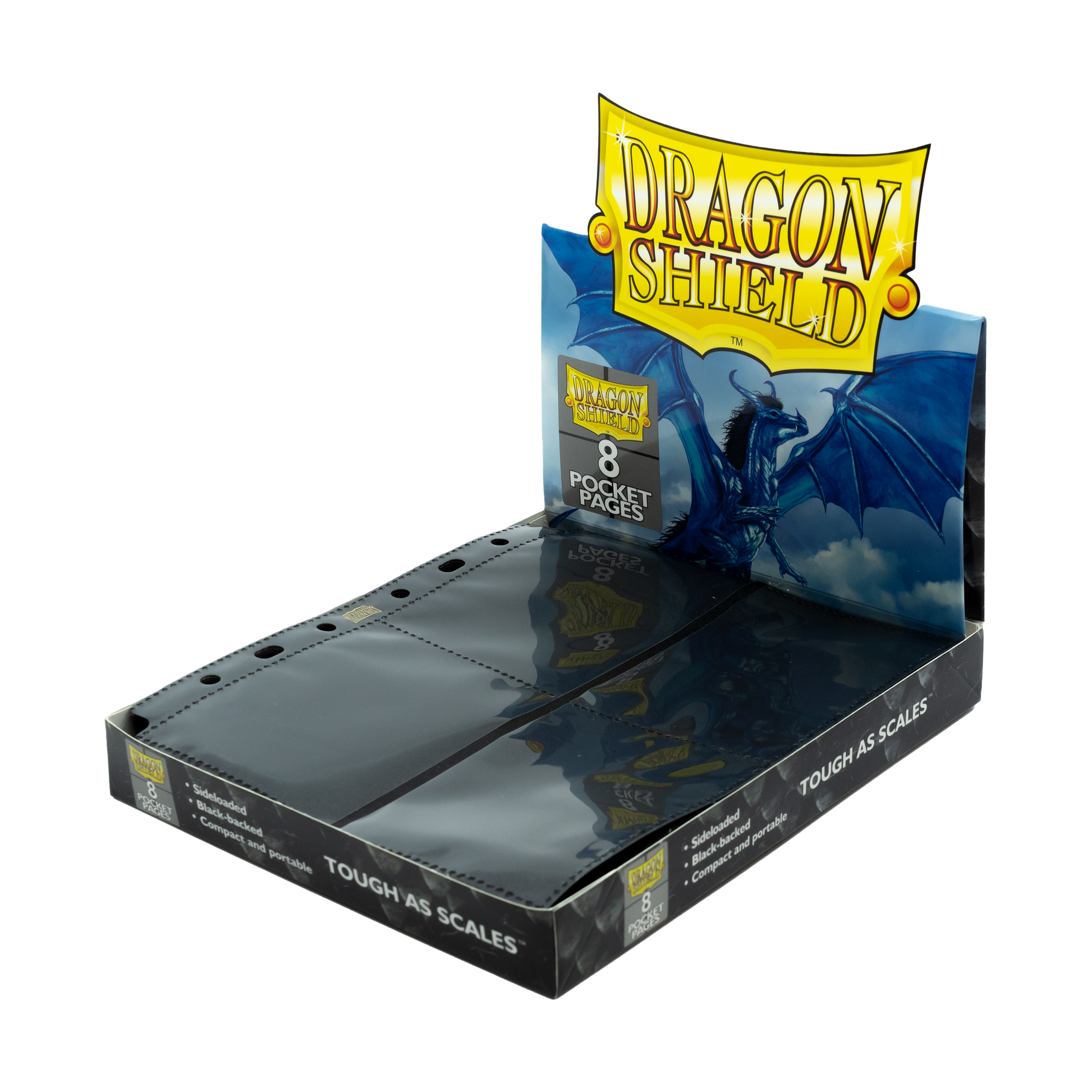 A black Dragon Shield 8 Pocket Pages binder pages. Brand: Dragon Shield, Item: 8 Pocket Pages - Regular - Standard Size.