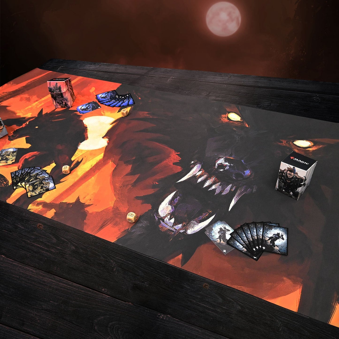 A dark-themed playmat featuring werewolf art from Innistrad: Midnight Hunt, with Magic: The Gathering cards and dice arranged on it.
