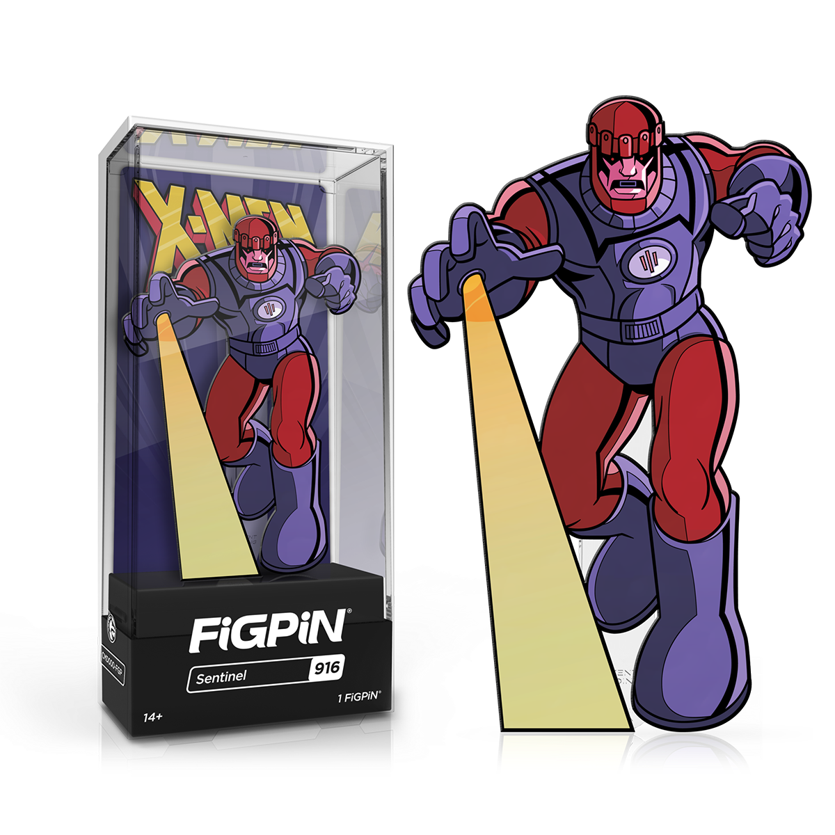 A purple and red FiGPiN collectible of the X-Men Sentinel, shown in its display case and also standing alone.