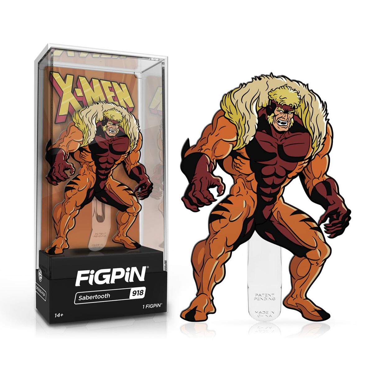 A FiGPiN collectible of Sabertooth from X-Men, displayed in its case.
