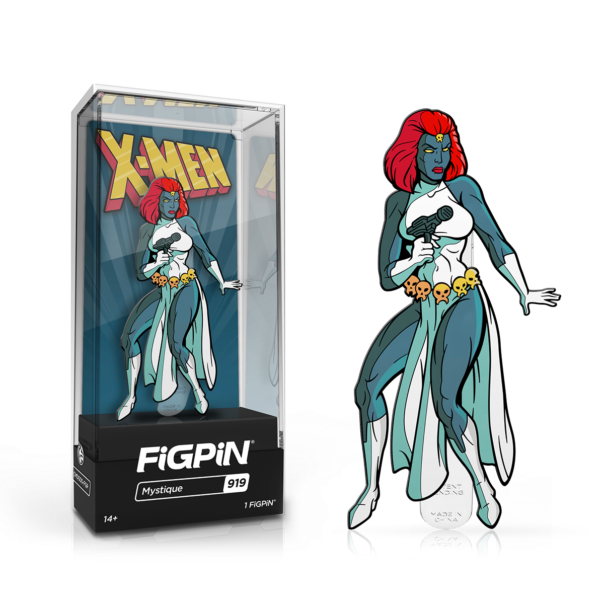 A blue and white FiGPiN collectible pin of Mystique from X-Men. Brand: FiGPiN, Item: XMen Mystique.