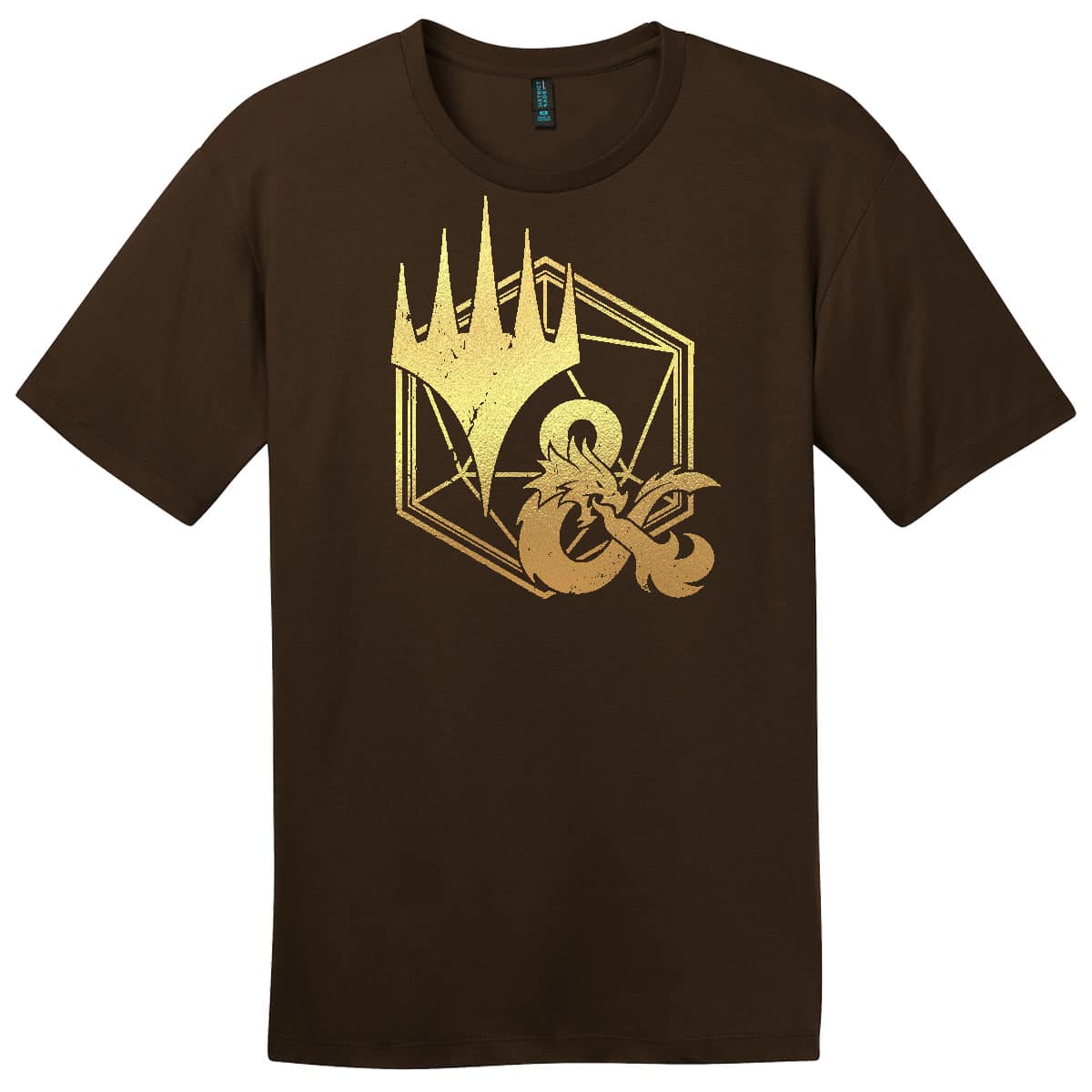 A brown short-sleeve t-shirt featuring the Dungeons & Dragons ampersand logo with a gold foil Planeswalker symbol. Brand: MTG PRO Shop, Item: Adventures in the Forgotten Realms Gold Foil Planeswalker Ampersand T-shirt for Dungeons & Dragons