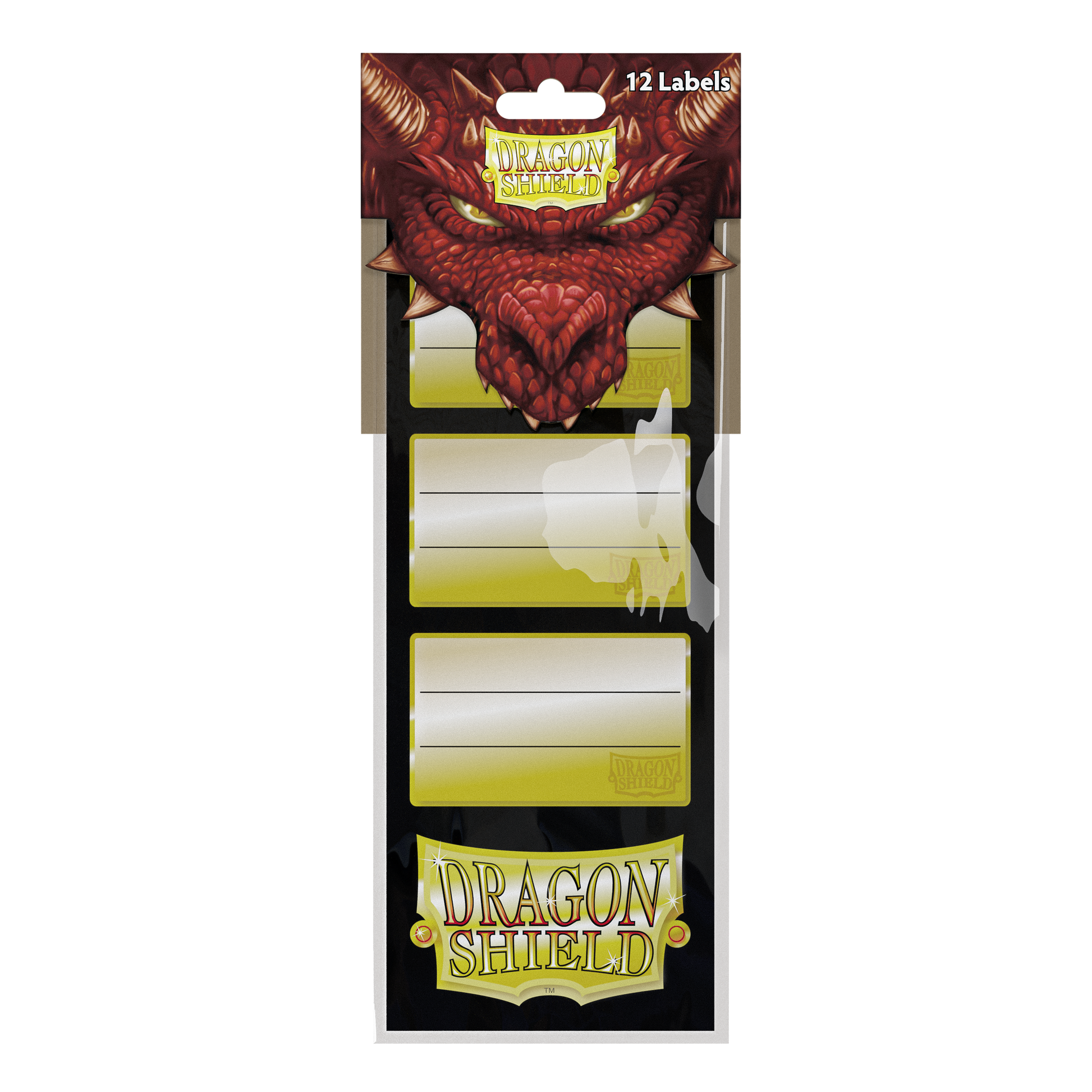 A red dragon-themed label pack with 12 labels. Brand: Dragon Shield, Item: Label Pack.