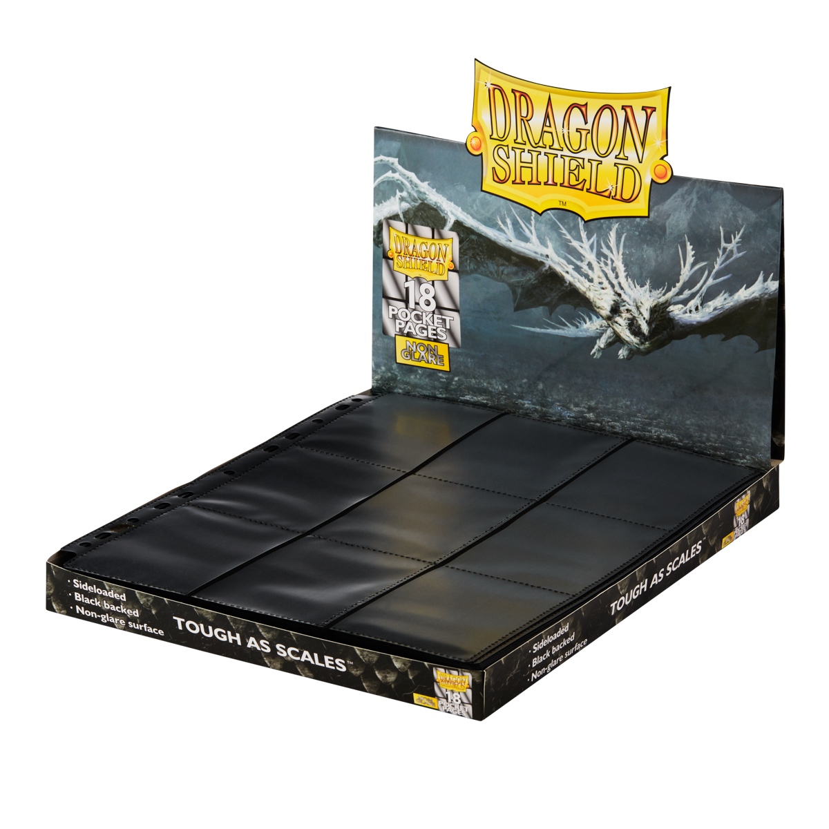 A black Dragon Shield 18 Pocket Pages display. Brand: Dragon Shield, Item: 18 Pocket Pages - Non-Glare - Standard Size.