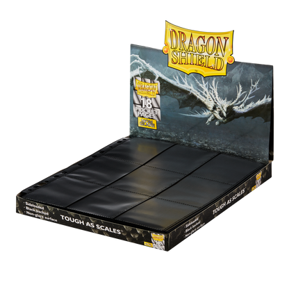 A black Dragon Shield 18 Pocket Pages display. Brand: Dragon Shield, Item: 18 Pocket Pages - Non-Glare - Standard Size.