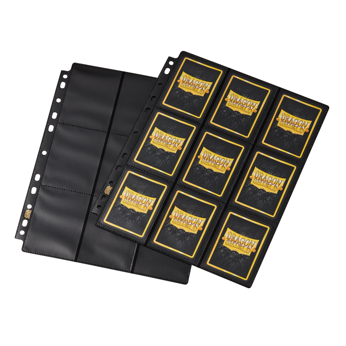 A black 18 pocket page for trading cards. Brand: Dragon Shield, Item: 18 Pocket Pages - Non-Glare - Standard Size.