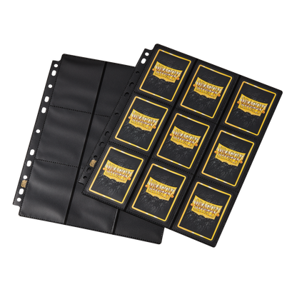 A black 18 pocket page for trading cards. Brand: Dragon Shield, Item: 18 Pocket Pages - Non-Glare - Standard Size.