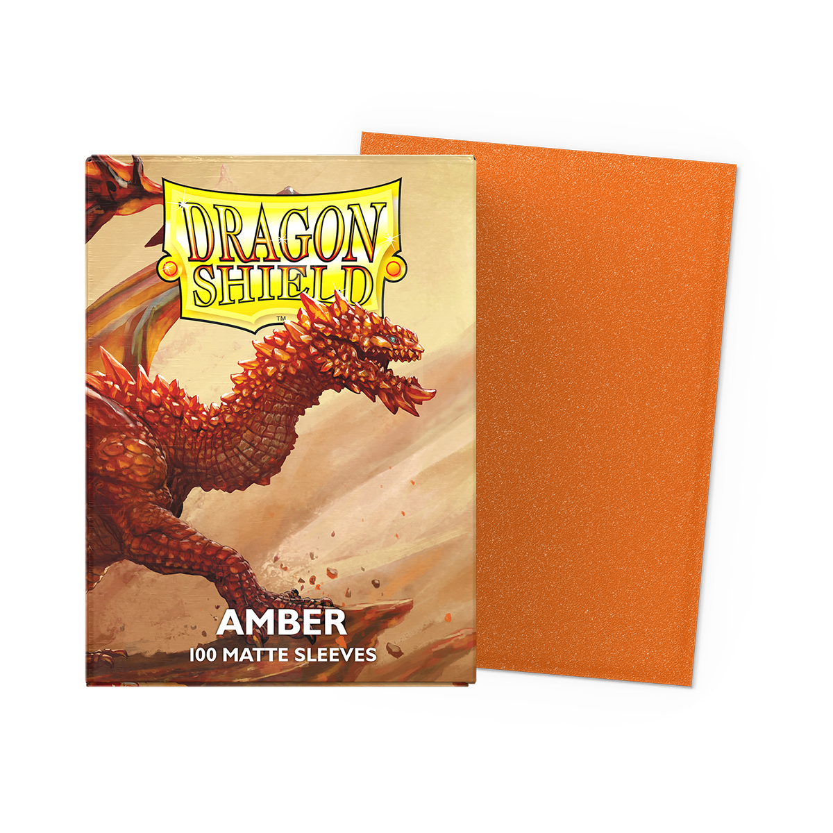 A matte orange Dragon Shield card sleeve pack featuring a red dragon illustration. Item: Amber - Matte Sleeves.
