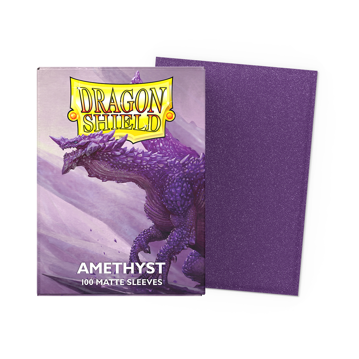 A purple matte Dragon Shield card sleeve with a dragon illustration. Item: Amethyst - Matte Sleeves.
