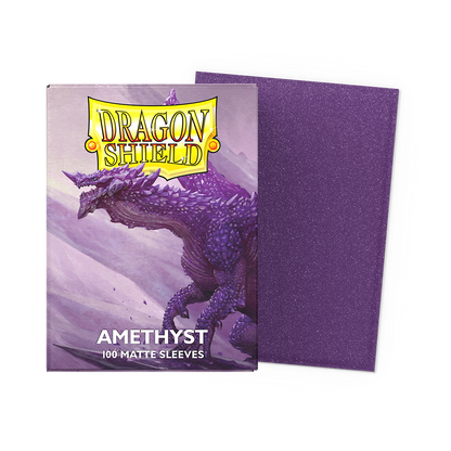 A purple matte Dragon Shield card sleeve with a dragon illustration. Item: Amethyst - Matte Sleeves.