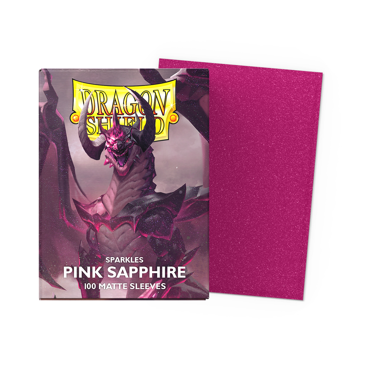 A pink sparkly Dragon Shield matte sleeves deck box with a dragon illustration. Item: Pink Sapphire - Matte Sleeves.