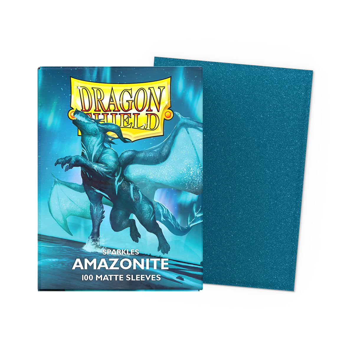 A teal sparkly Dragon Shield Amazonite Matte Sleeves 100 count.
