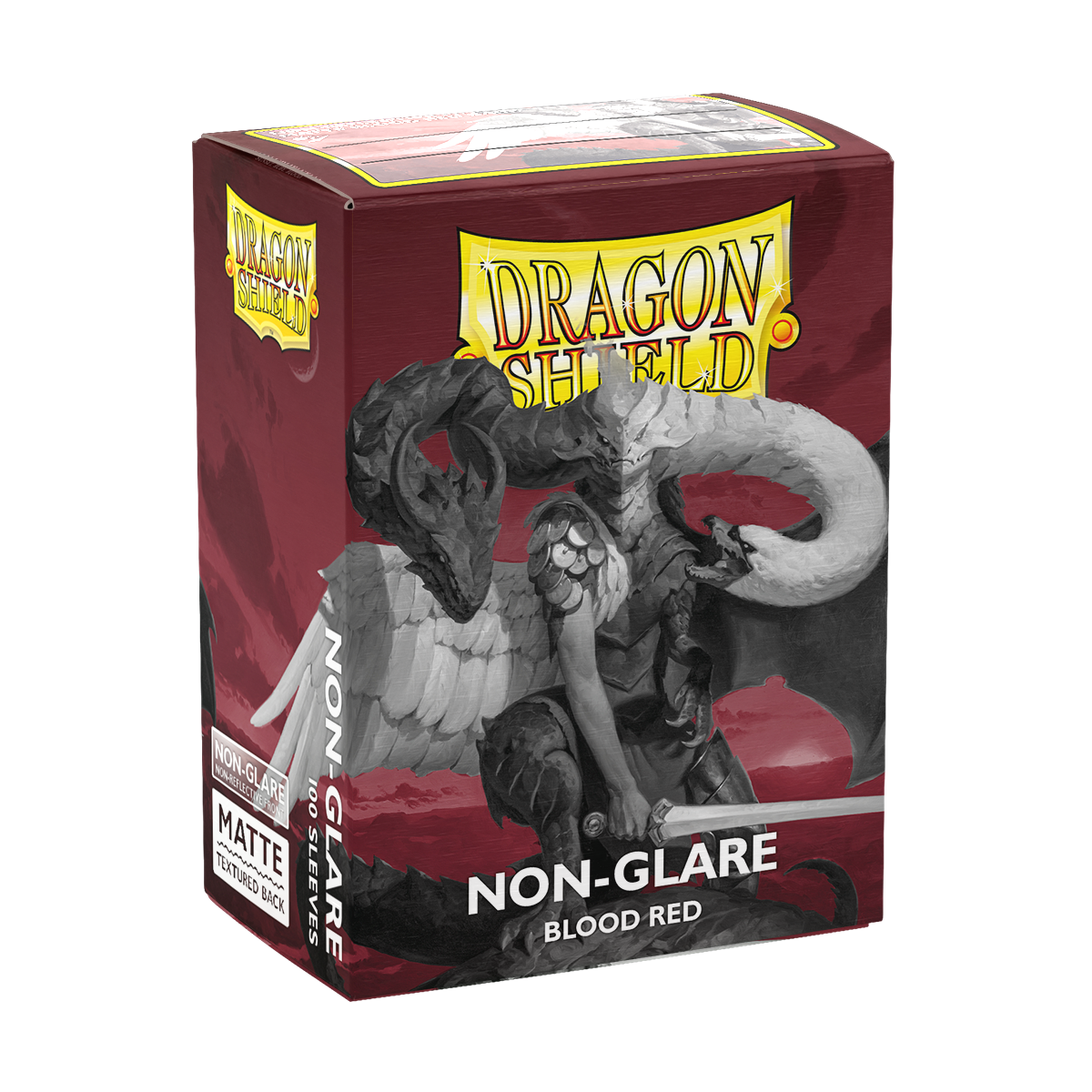 A Blood Red Non-Glare Matte Sleeves deck box. Brand: Dragon Shield, Item: Blood Red - Non-Glare - Matte Sleeves.