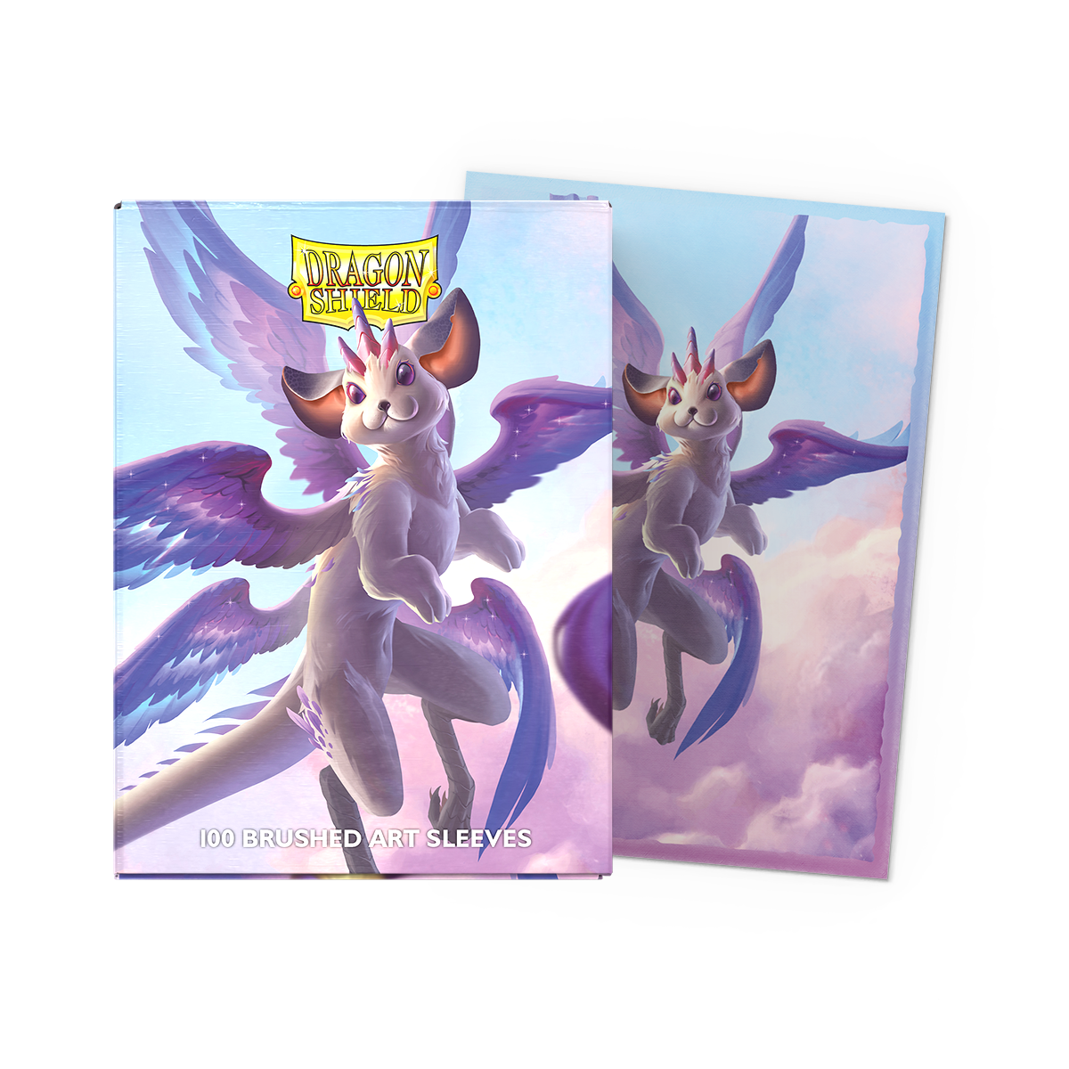A white and purple winged creature on a cloudy sky background. Dragon Shield Brushed Art Sleeves.