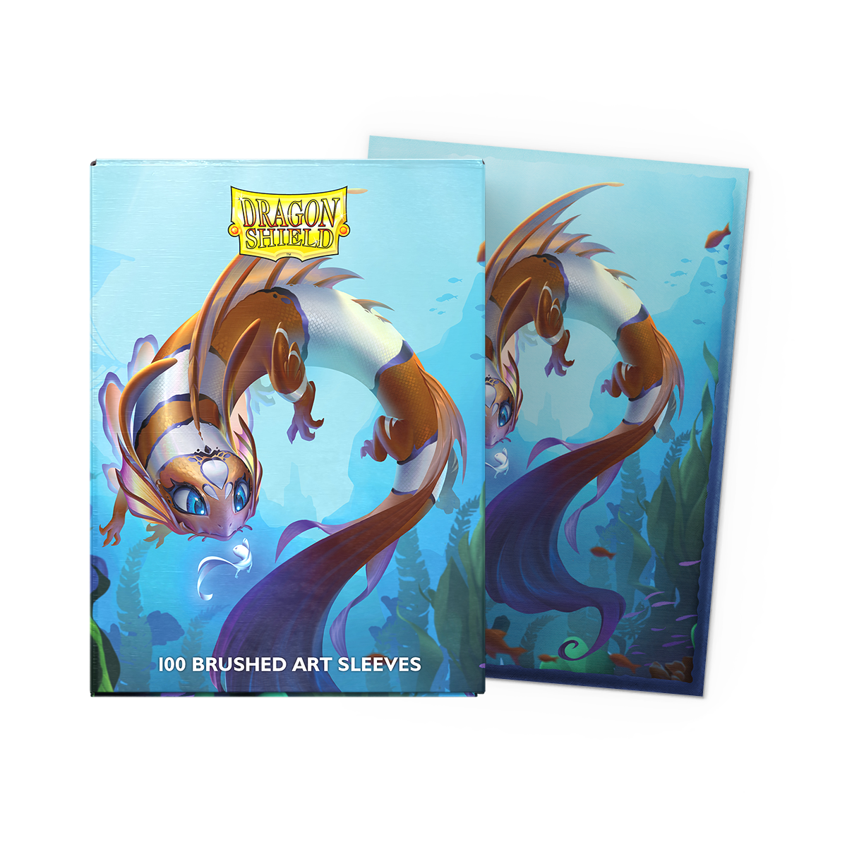A blue brushed art sleeve featuring the Cinderfin dragon, a clownfish-like creature swimming in an underwater scene. Brand: Dragon Shield, Item: The Cinderfin - Brushed Art Sleeves.