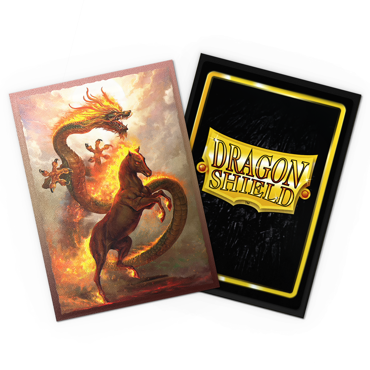 A matte dual art Dragon Shield card sleeve featuring a fire horse and dragon. Brand: Dragon Shield, Item: Fire Horse 2026 - Matte Dual Art Sleeves.