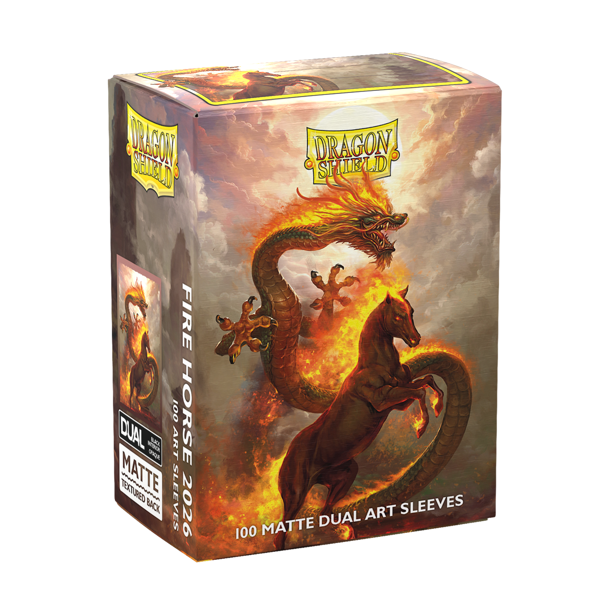 A matte dual art card sleeve box featuring a fire dragon and horse. Brand: Dragon Shield, Item: Fire Horse 2026 - Matte Dual Art Sleeves.