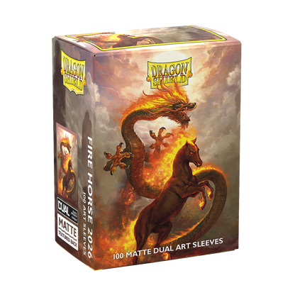 A matte dual art card sleeve box featuring a fire dragon and horse. Brand: Dragon Shield, Item: Fire Horse 2026 - Matte Dual Art Sleeves.