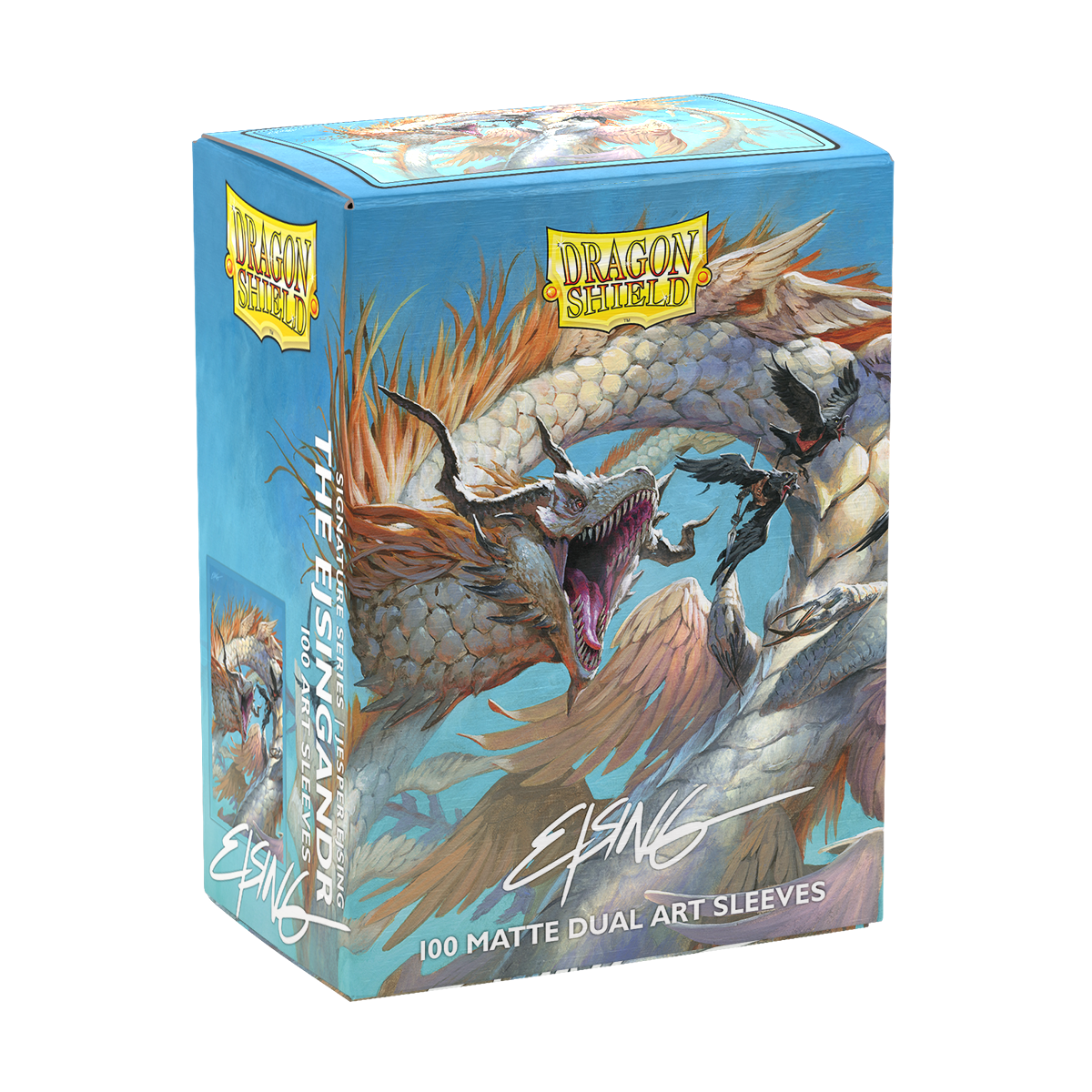 A blue and white Dragon Shield Signature Series The Ejsingandr Matte Dual Art Sleeves deck box featuring a dragon and birds.