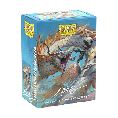 A blue and white Dragon Shield Signature Series The Ejsingandr Matte Dual Art Sleeves deck box featuring a dragon and birds.
