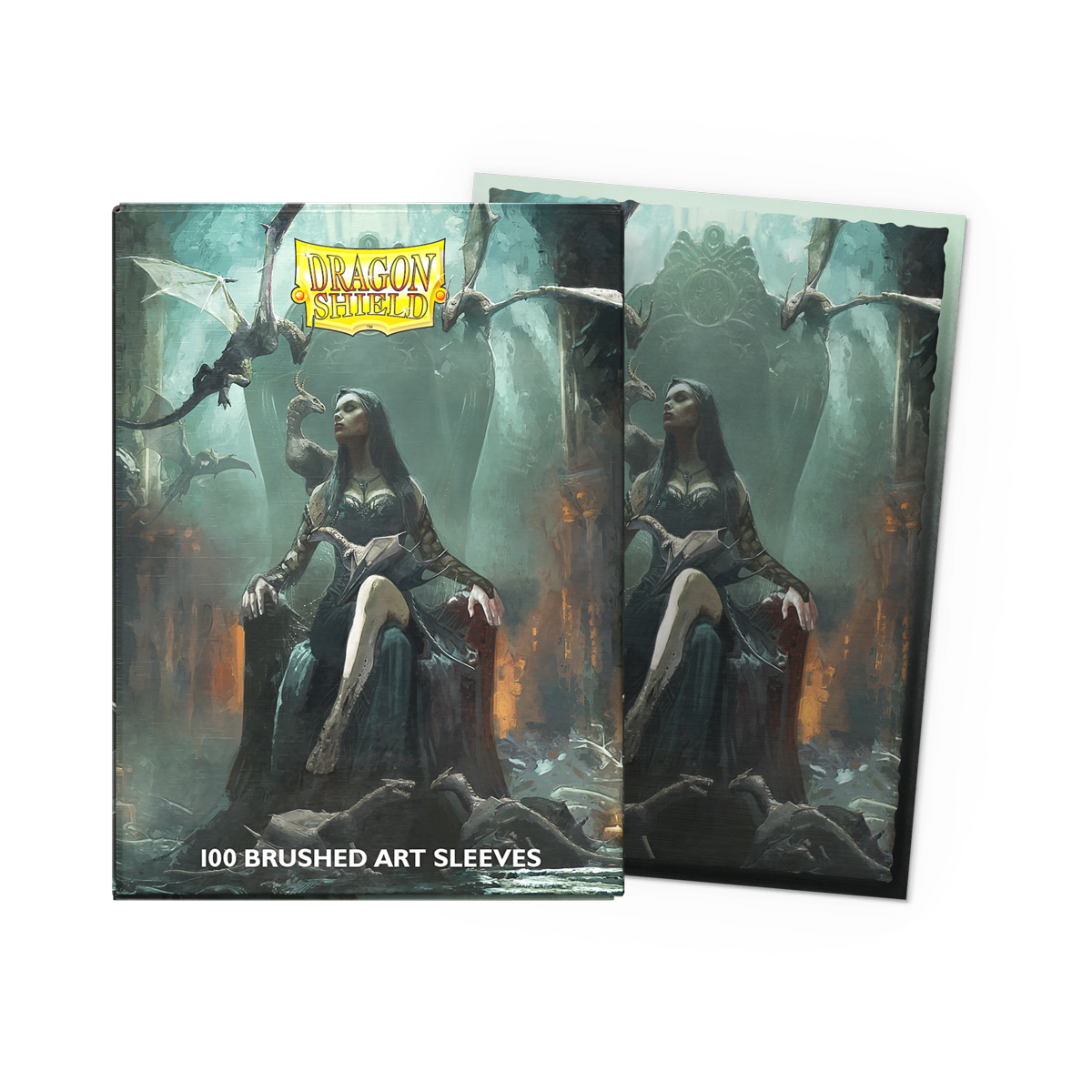 A set of Dragon Shield Halloween 2024 Brushed Art Sleeves featuring a dark fantasy illustration of a queen on a throne surrounded by dragons.