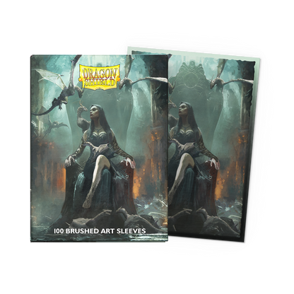 A set of Dragon Shield Halloween 2024 Brushed Art Sleeves featuring a dark fantasy illustration of a queen on a throne surrounded by dragons.