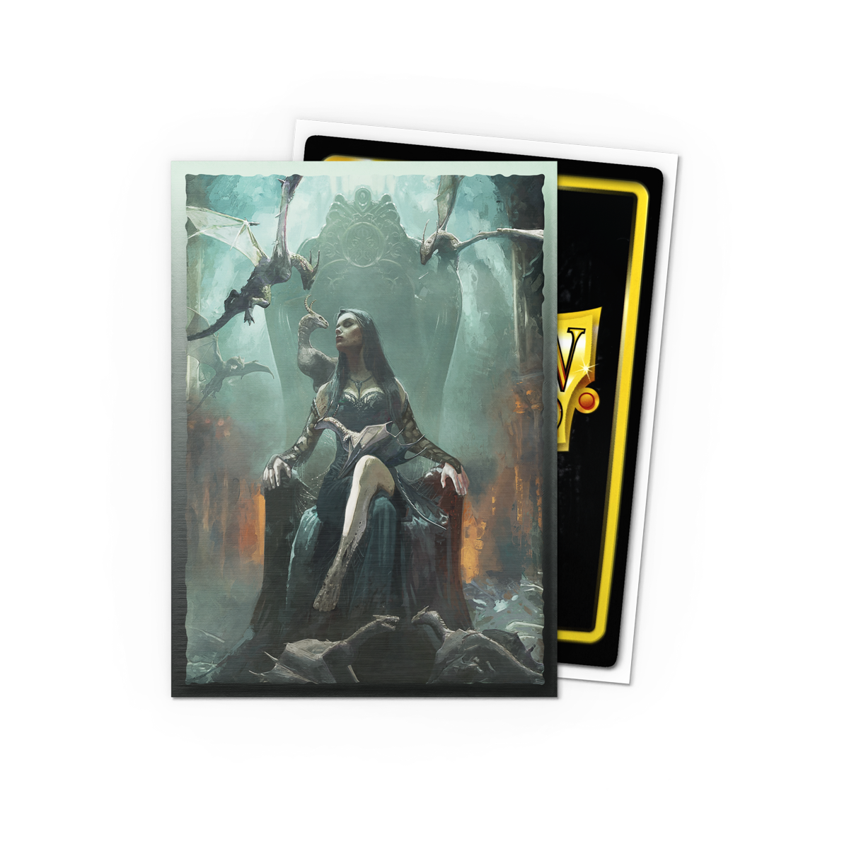 A dark fantasy brushed art Dragon Shield Japanese card sleeve featuring a queen on a throne surrounded by dragons.