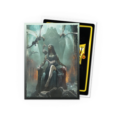 A dark fantasy brushed art Dragon Shield Japanese card sleeve featuring a queen on a throne surrounded by dragons.