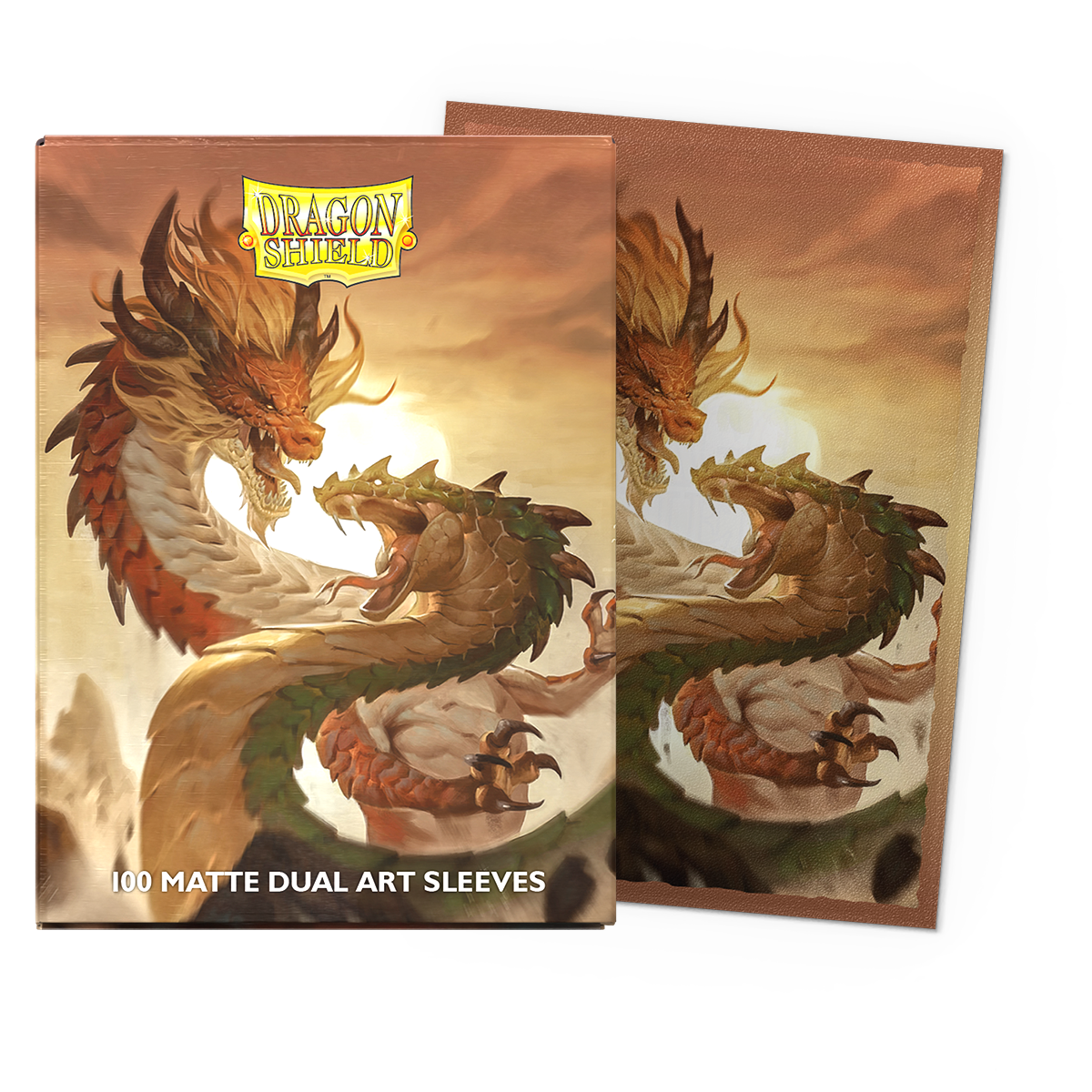 A matte dual art Dragon Shield sleeves featuring two dragons fighting with the sun in the background.