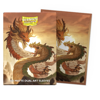 A matte dual art Dragon Shield sleeves featuring two dragons fighting with the sun in the background.