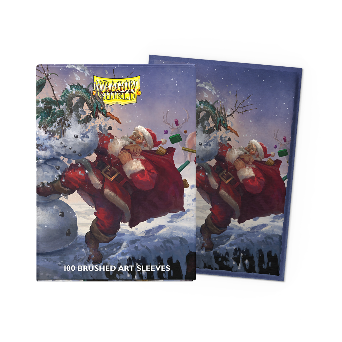 A Brushed Art Sleeve featuring Santa Claus fighting a dragon made of snow. Brand: Dragon Shield, Item: Christmas 2025 - Brushed Art Sleeves