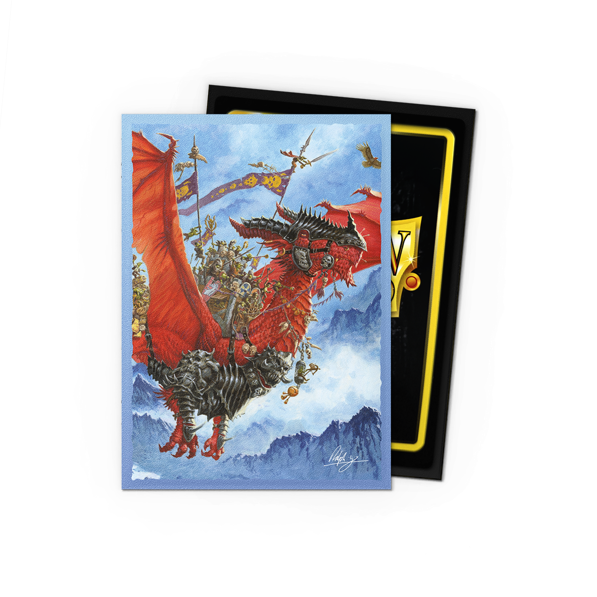 A red dragon with riders and banners, flying over mountains. This is a Signature Series - The Raid - Matte Dual Art Sleeves.