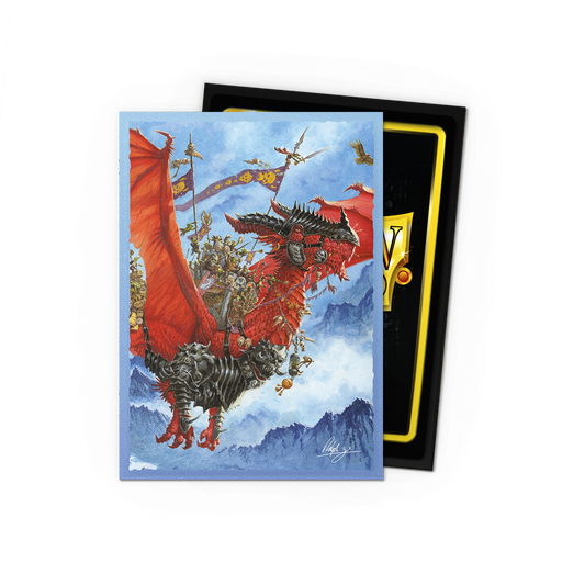 A red dragon with riders and banners, flying over mountains. This is a Signature Series - The Raid - Matte Dual Art Sleeves.