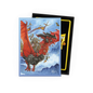 A red dragon with riders and banners, flying over mountains. This is a Signature Series - The Raid - Matte Dual Art Sleeves.