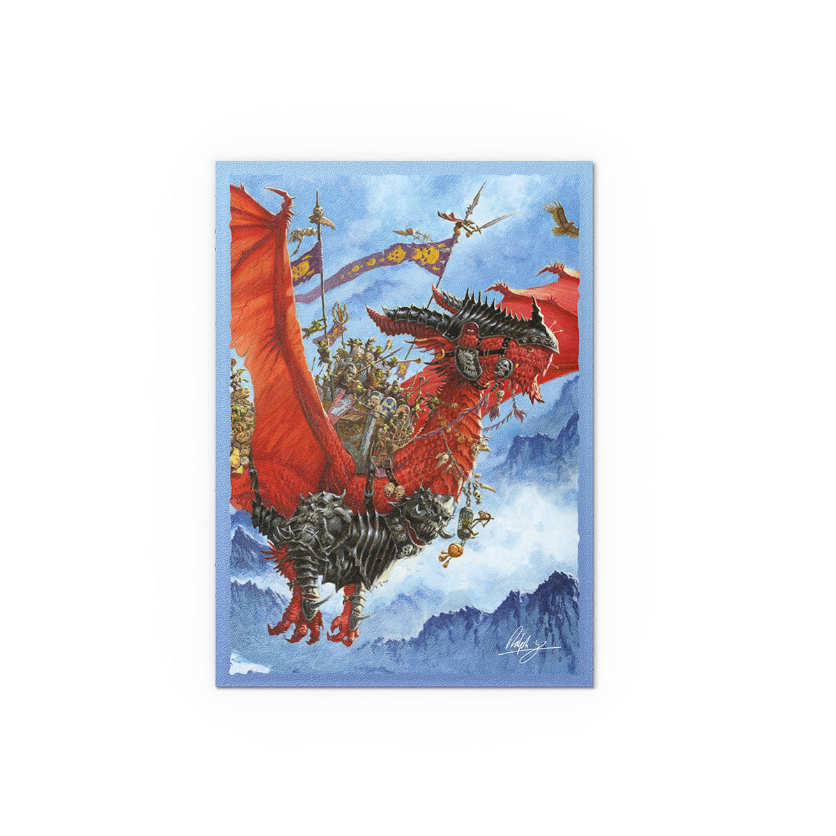 A red dragon with riders and banners, flying over mountains. Art by Ralph Horsley. Signature Series - The Raid - Matte Dual Art Sleeves.