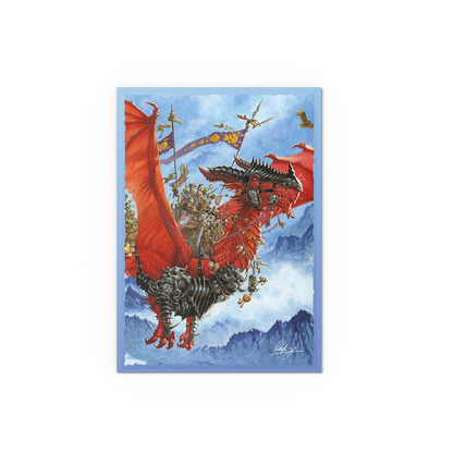 A red dragon with riders and banners, flying over mountains. Art by Ralph Horsley. Signature Series - The Raid - Matte Dual Art Sleeves.