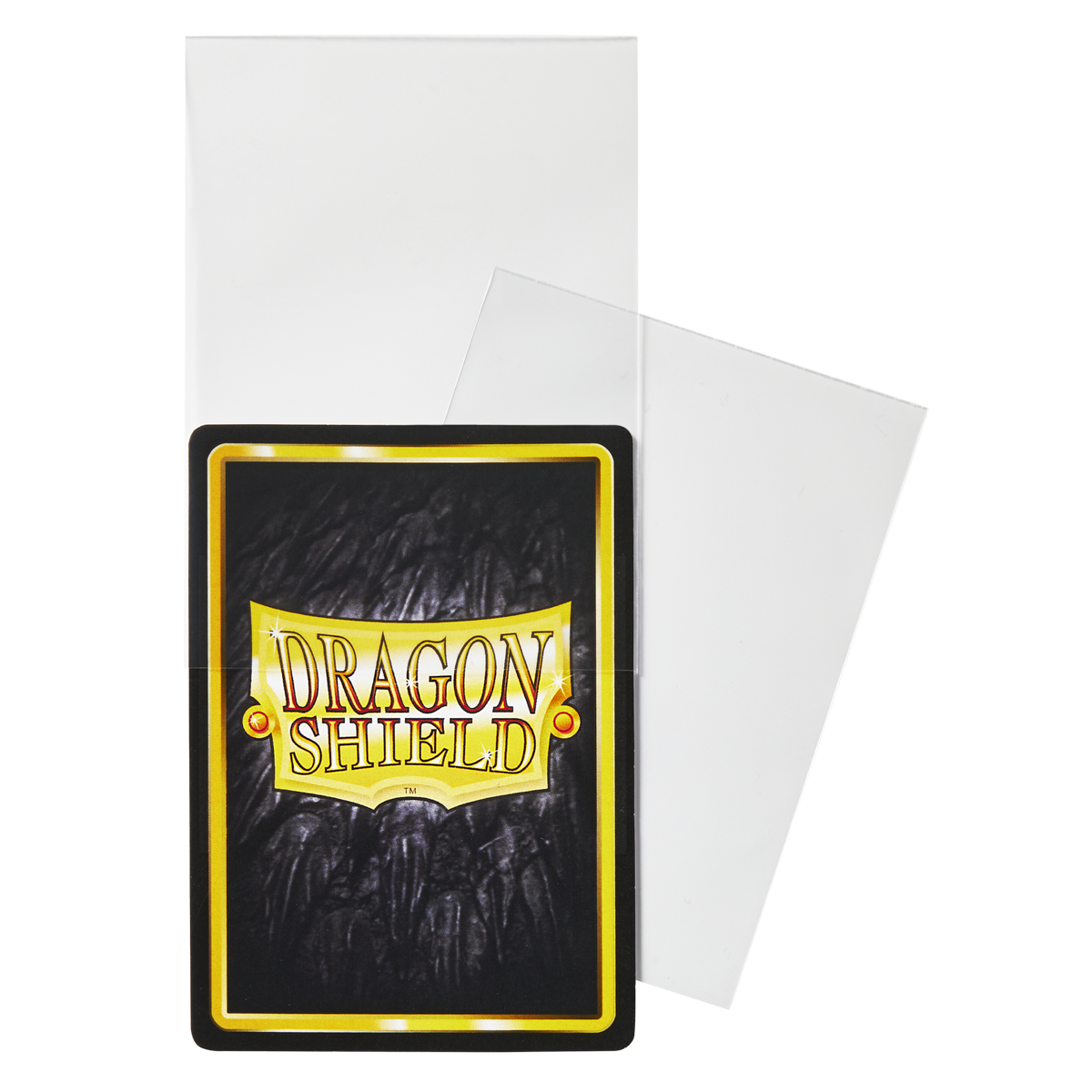 A clear Dragon Shield toploading perfect fit sleeve with a Dragon Shield card. Brand: Dragon Shield, Item: Toploading Perfect Fit Sleeves.