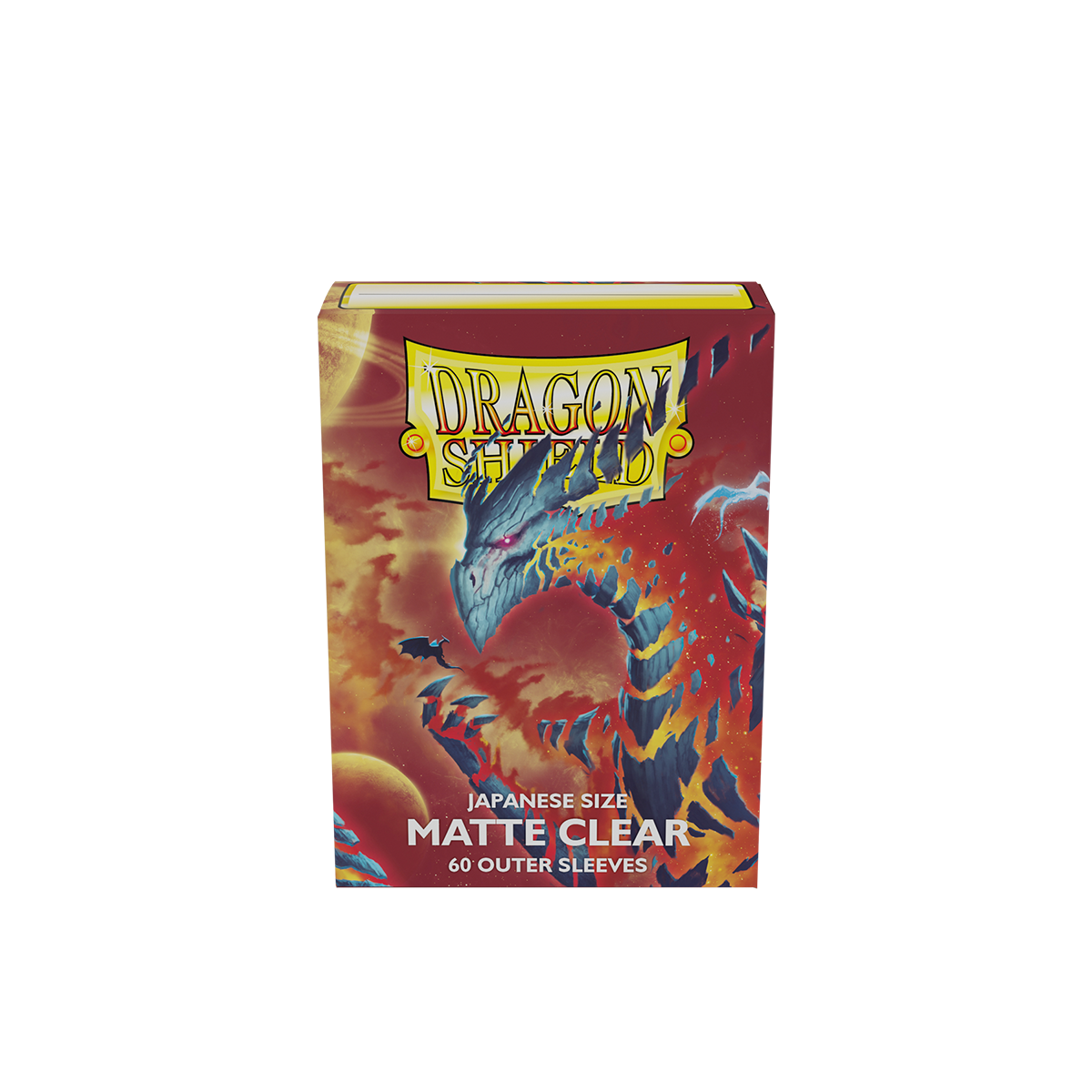 A red and yellow Dragon Shield Matte Clear Japanese Size Outer Sleeves deck box with a dragon illustration.