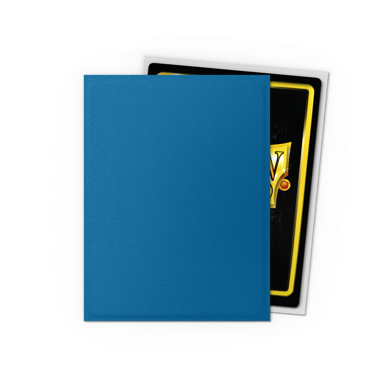A blue matte card sleeve protecting a card with a silver border and yellow "V" logo. Brand: Unknown, Item: Cobalt & Silver - Matte Dual Sleeves.