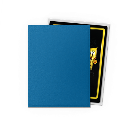 A blue matte card sleeve protecting a card with a silver border and yellow "V" logo. Brand: Unknown, Item: Cobalt & Silver - Matte Dual Sleeves.