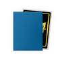 A blue matte card sleeve protecting a card with a silver border and yellow "V" logo. Brand: Unknown, Item: Cobalt & Silver - Matte Dual Sleeves.