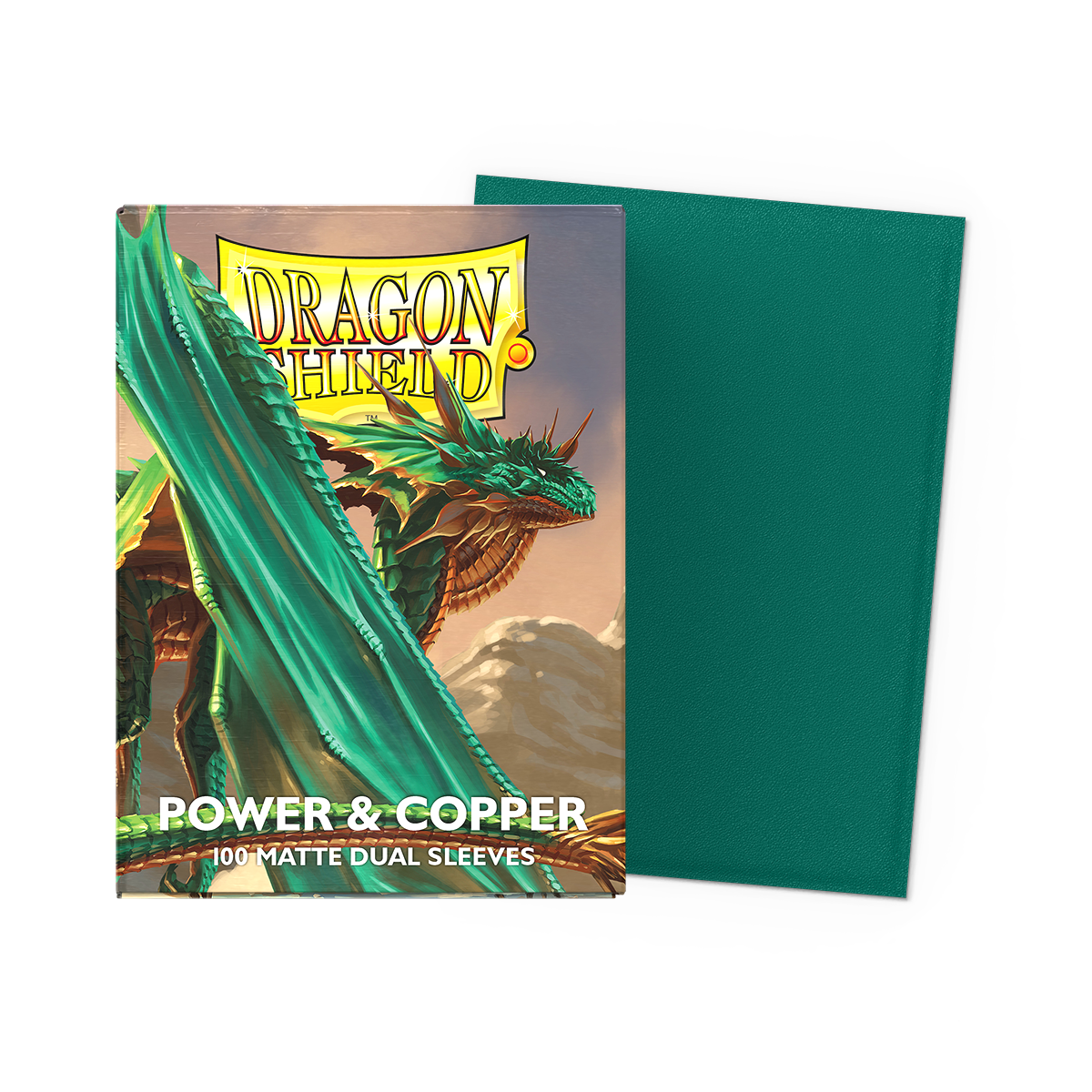 A green Dragon Shield Power & Copper Matte Dual Sleeves.