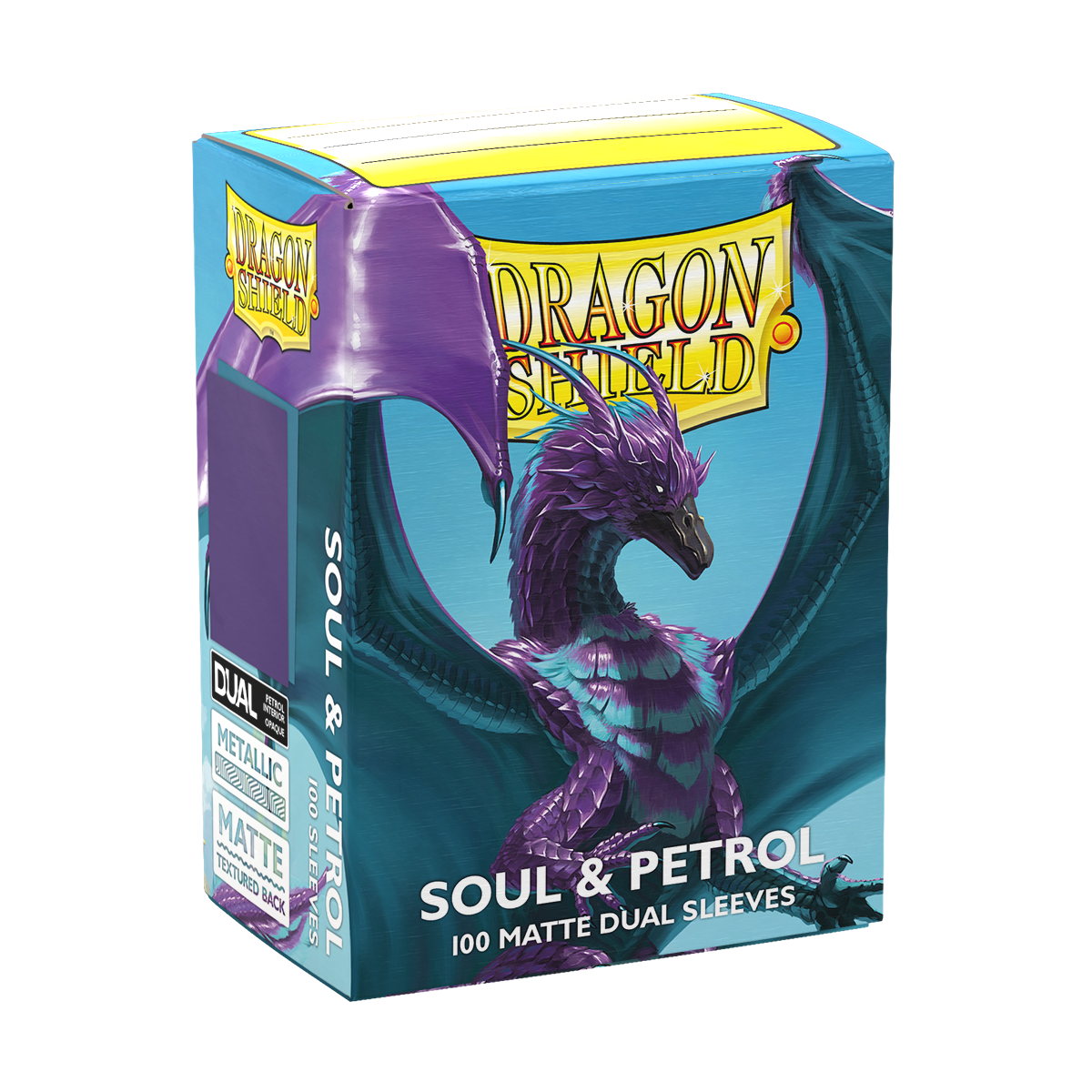 A purple and teal dragon themed Dragon Shield Soul & Petrol Matte Dual Sleeves deck box.